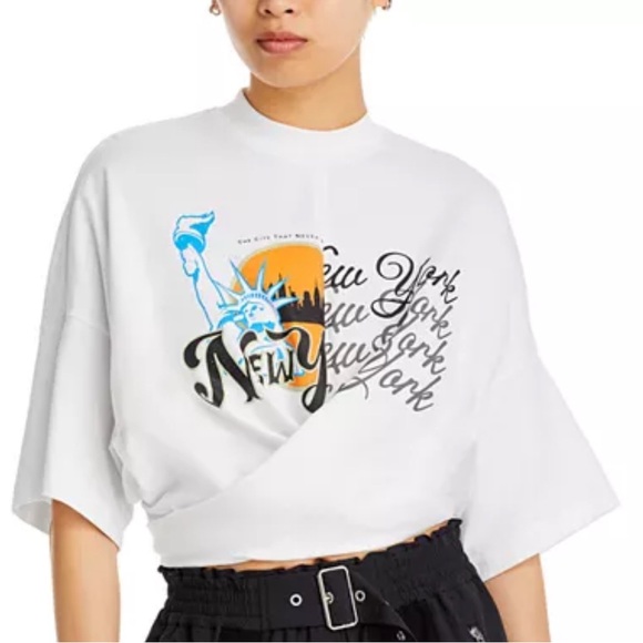 3.1 Phillip Lim We Are NY Graphic Print Crew Neck Wrap Front Tee Sz XS NWT